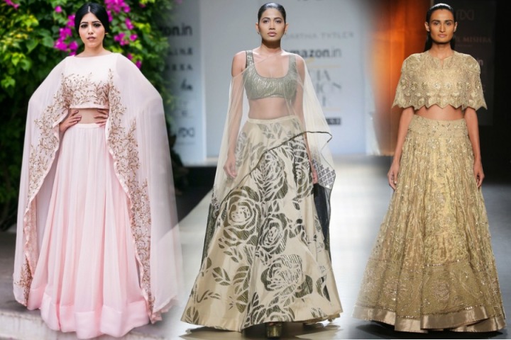 buy indian wedding wear lehengas online at aza fashions cape lehenga choli designer lehenga off shoulder crop tops 